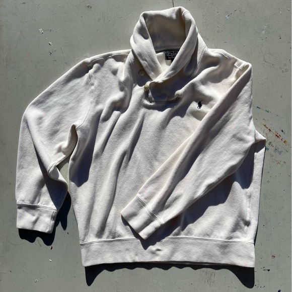 Men's Vintage Polo Ralph Lauren Sweater White Solid L Button High Neck Preppy - Picture 8 of 14